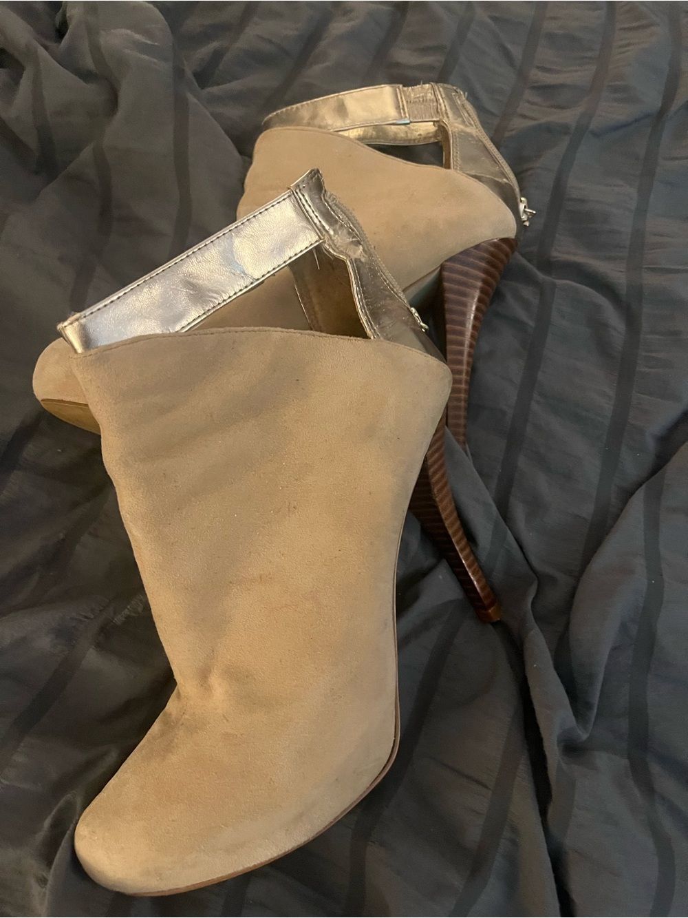 Guess Taupe Suede High Heel Booties with Silver Strap